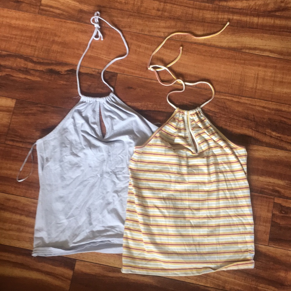 2 Halter Tops (1 solid light blue, 1 stripes)
